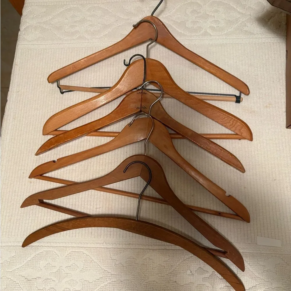 6 Vintage Wooden hangers metal some have dowels divets Antique wooden display
